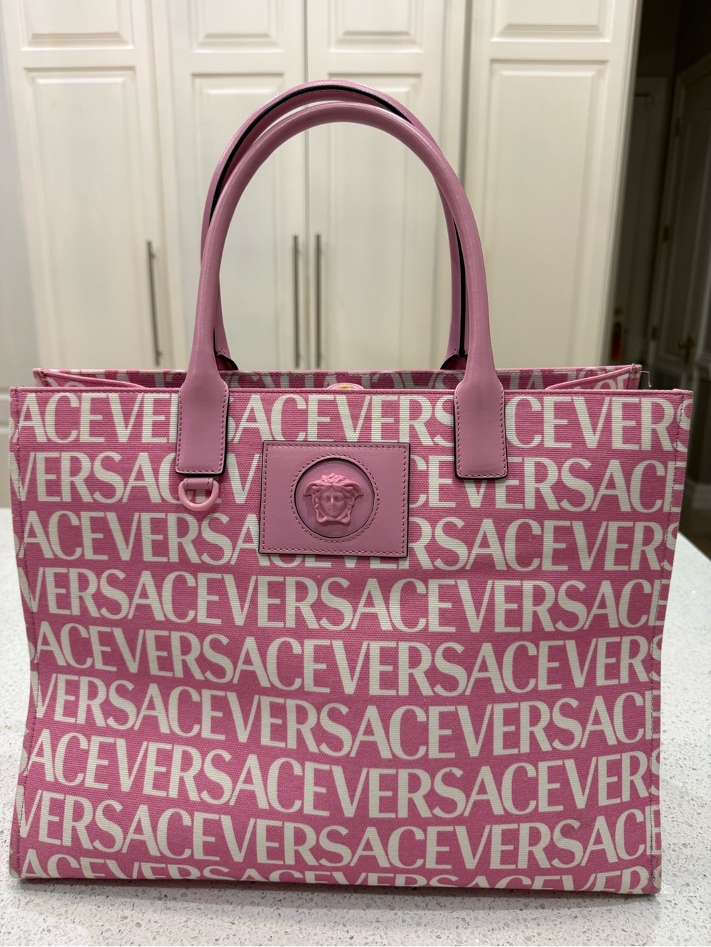 Versace Pink and White Logo Tote